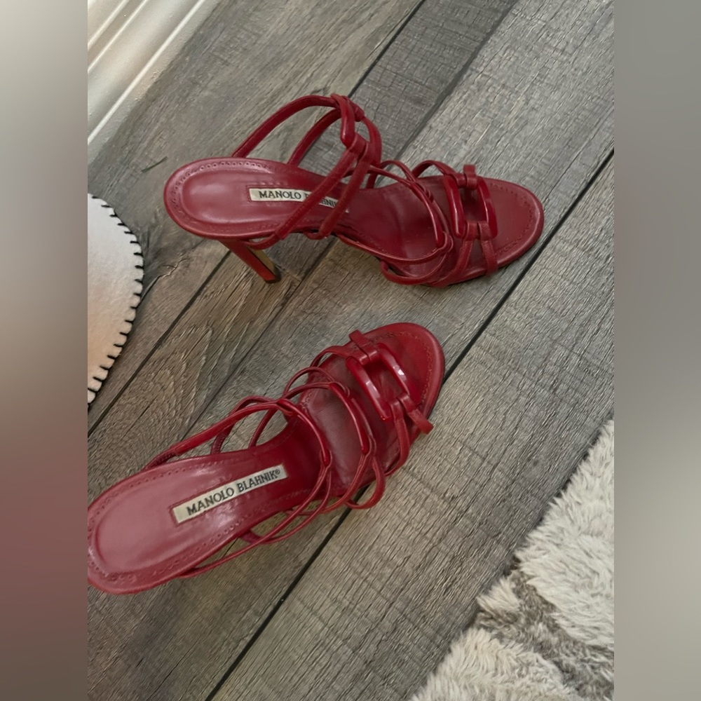 Manolo Blahnik Red Strappy Stiletto Sandals